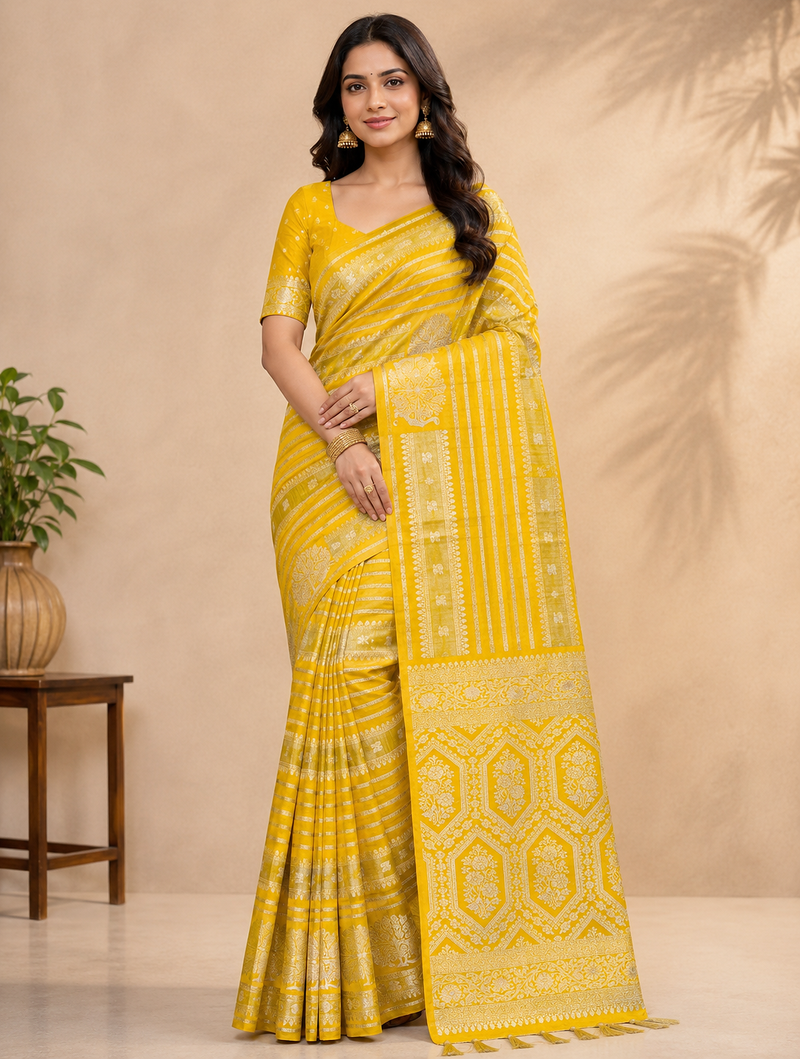 yellow jaqurad dubbling zari and beautiful peacock butti with lining design georgette saree