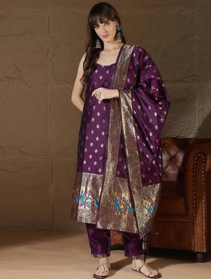 Floral printed silk blend round neck kurta trouser & dupatta set 1