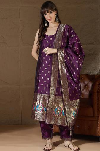 Floral printed silk blend round neck kurta trouser & dupatta set