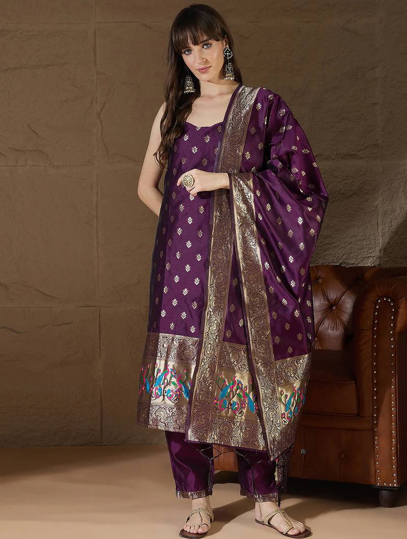 Floral printed silk blend round neck kurta trouser & dupatta set
