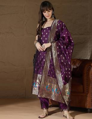 Floral printed silk blend round neck kurta trouser & dupatta set 3