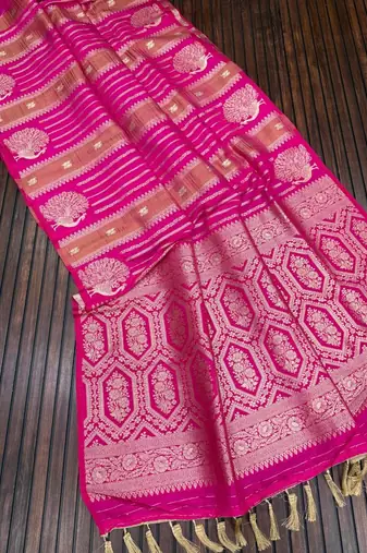 pink jaqurad dubbling zari and beautiful peacock butti with lining design georgette saree
