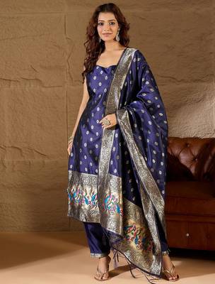 Floral printed silk blend round neck kurta trouser & dupatta set 1