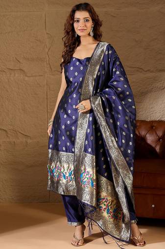 Floral printed silk blend round neck kurta trouser & dupatta set
