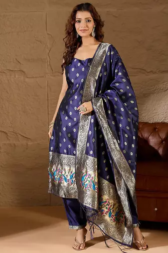 Floral printed silk blend round neck kurta trouser & dupatta set