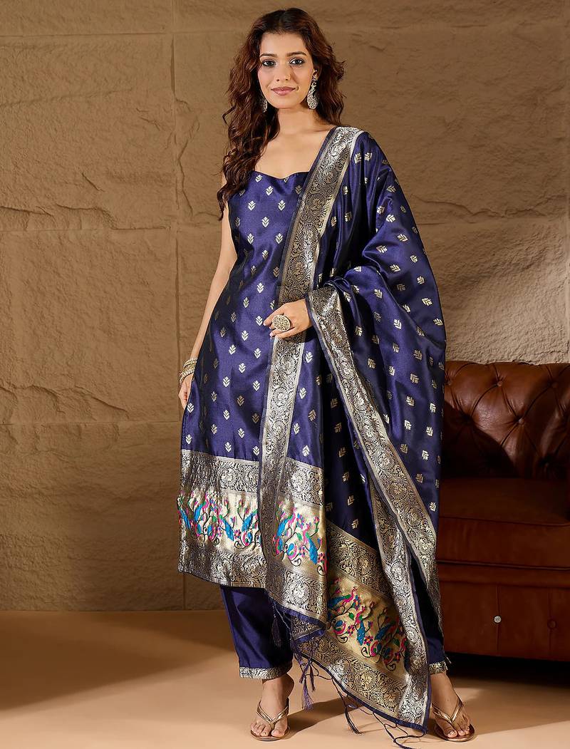 Floral printed silk blend round neck kurta trouser & dupatta set
