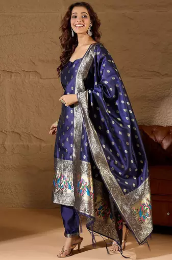 Floral printed silk blend round neck kurta trouser & dupatta set
