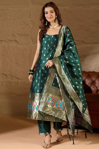Floral printed silk blend round neck kurta trouser & dupatta set