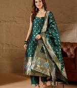 Floral printed silk blend round neck kurta trouser & dupatta set