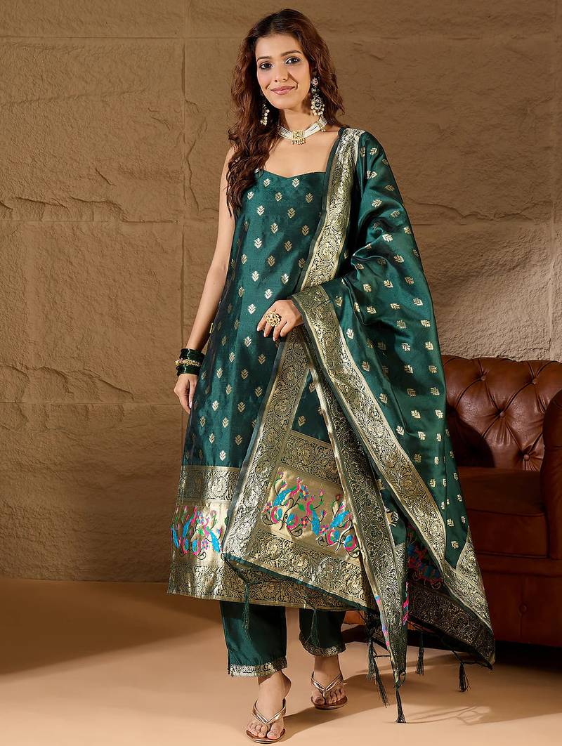 Floral printed silk blend round neck kurta trouser & dupatta set
