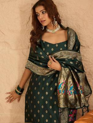 Floral printed silk blend round neck kurta trouser & dupatta set 3