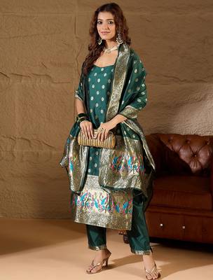 Floral printed silk blend round neck kurta trouser & dupatta set 4