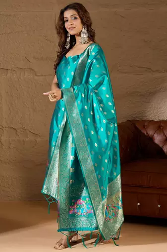 Floral printed silk blend round neck kurta trouser & dupatta set