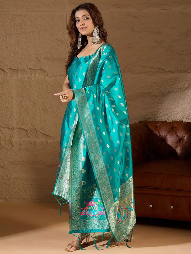 Floral printed silk blend round neck kurta trouser & dupatta set