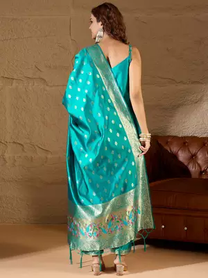 Floral printed silk blend round neck kurta trouser & dupatta set 2