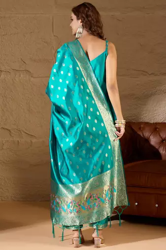 Floral printed silk blend round neck kurta trouser & dupatta set