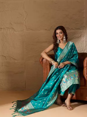 Floral printed silk blend round neck kurta trouser & dupatta set 3