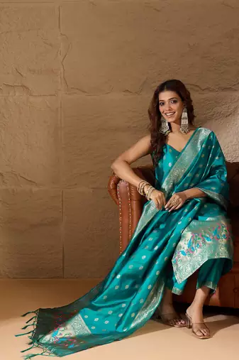 Floral printed silk blend round neck kurta trouser & dupatta set