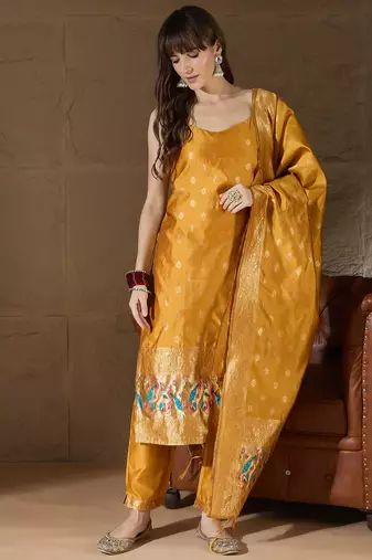 Floral printed silk blend round neck kurta trouser & dupatta set