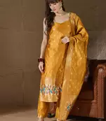 Floral printed silk blend round neck kurta trouser & dupatta set