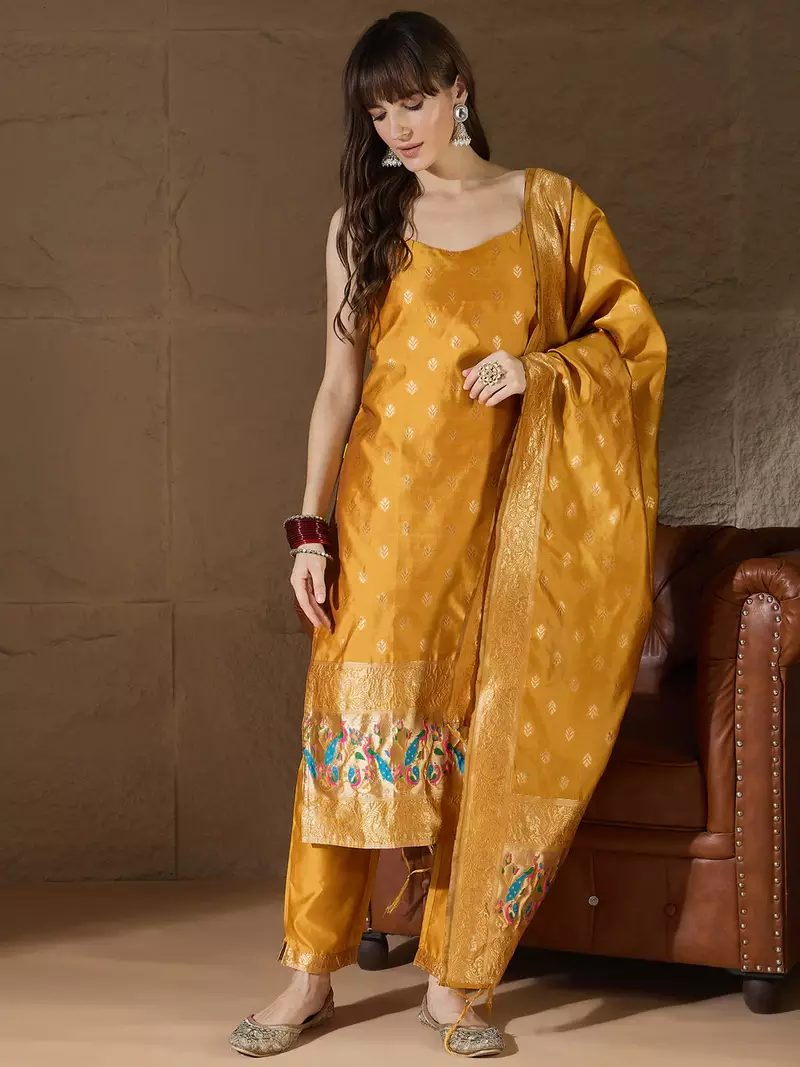 Floral printed silk blend round neck kurta trouser & dupatta set