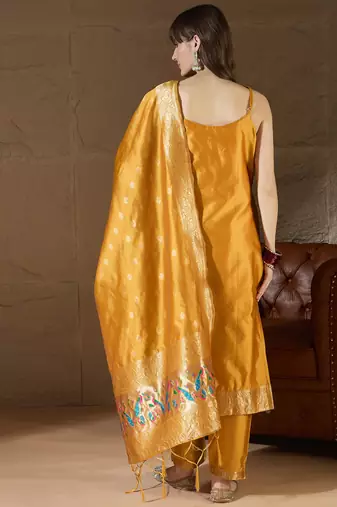 Floral printed silk blend round neck kurta trouser & dupatta set