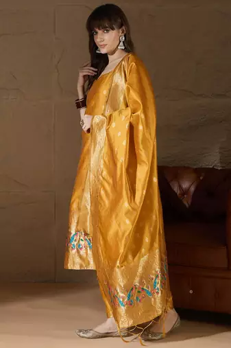 Floral printed silk blend round neck kurta trouser & dupatta set