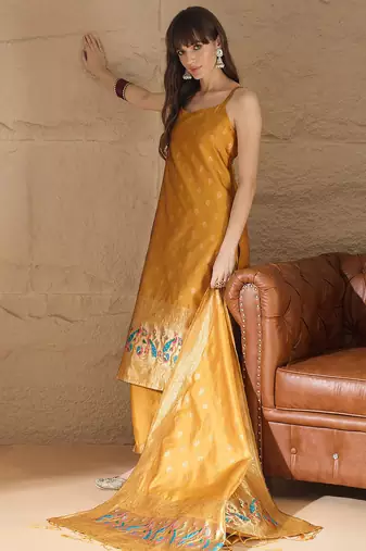 Floral printed silk blend round neck kurta trouser & dupatta set