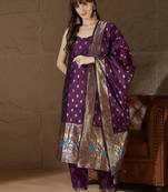 Floral printed silk blend round neck kurta trouser & dupatta set