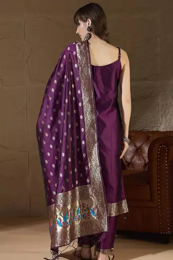 Floral printed silk blend round neck kurta trouser & dupatta set