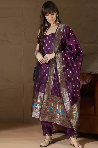 Floral printed silk blend round neck kurta trouser & dupatta set