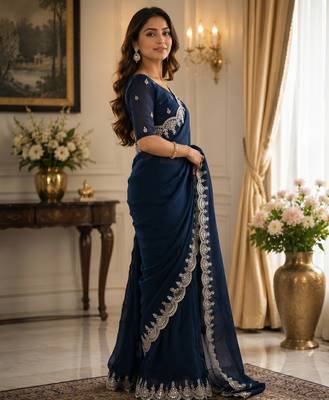 navy blue shimmer chiffon plain embroidred border saree 1