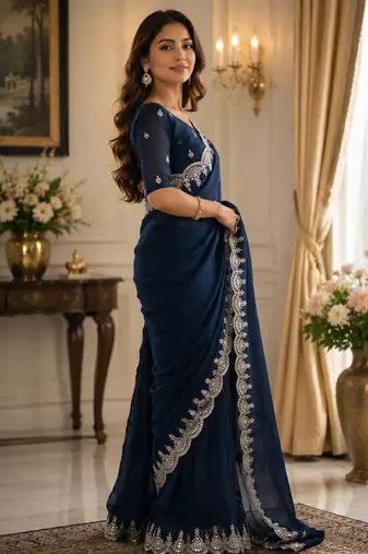 navy blue shimmer chiffon plain embroidred border saree