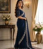 navy blue shimmer chiffon plain embroidred border saree