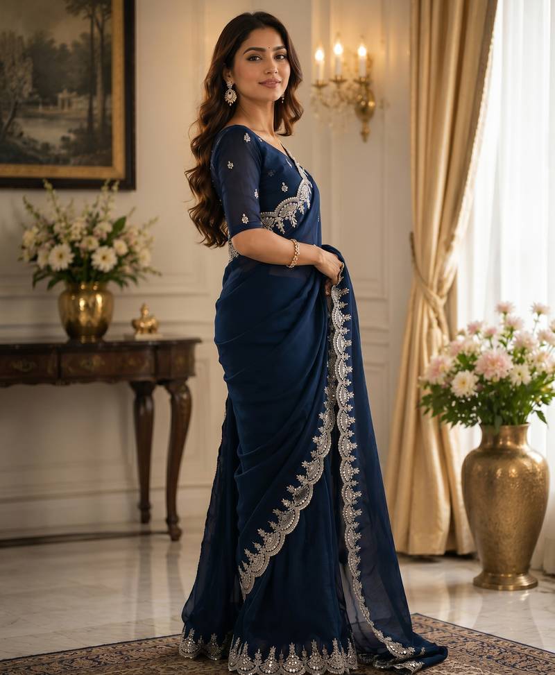 navy blue shimmer chiffon plain embroidred border saree