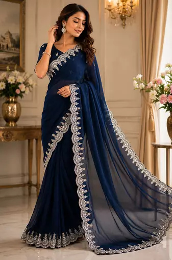 navy blue shimmer chiffon plain embroidred border saree