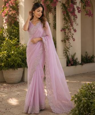 soft pink shimmer chiffon plain embroidred border saree 1