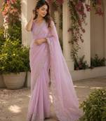 soft pink shimmer chiffon plain embroidred border saree