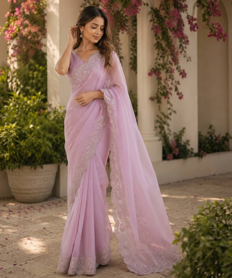 soft pink shimmer chiffon plain embroidred border saree