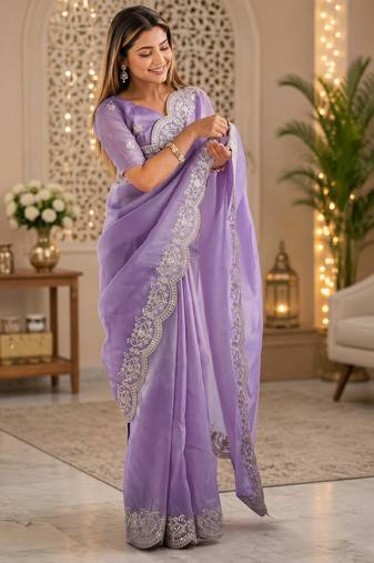 lavender shimmer chiffon plain embroidred border saree
