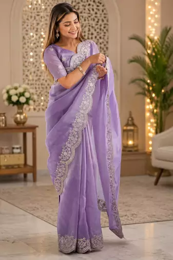 lavender shimmer chiffon plain embroidred border saree
