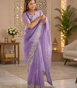 lavender shimmer chiffon plain embroidred border saree