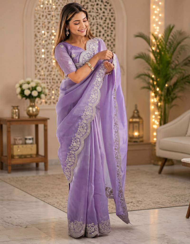lavender shimmer chiffon plain embroidred border saree