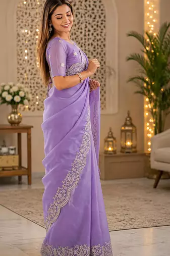 lavender shimmer chiffon plain embroidred border saree