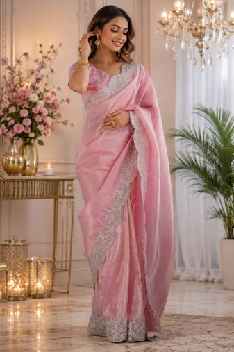 rich pink shimmer chiffon plain embroidred border saree