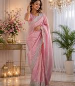 rich pink shimmer chiffon plain embroidred border saree