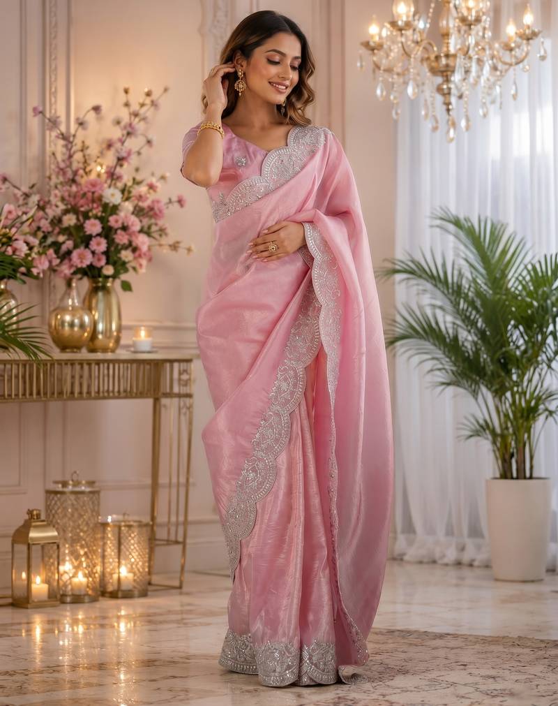 rich pink shimmer chiffon plain embroidred border saree