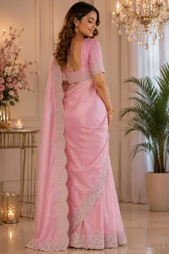 rich pink shimmer chiffon plain embroidred border saree