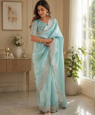 pastel blue shimmer chiffon plain embroidred border saree 1