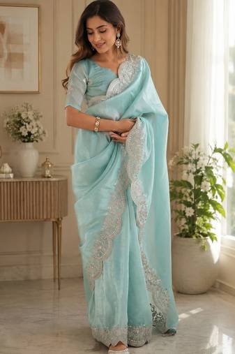 pastel blue shimmer chiffon plain embroidred border saree